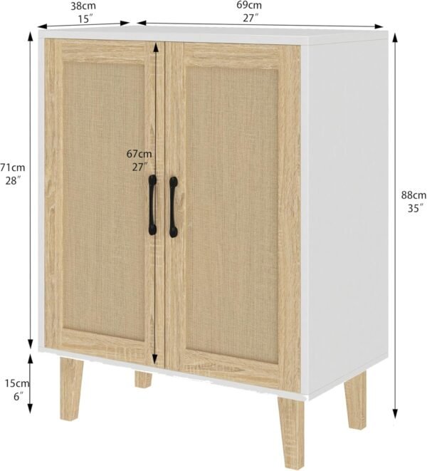 Panana Meuble de Rangement en Rotin et MDF, Buffets Haut Aspect sur Salon, Chambre, 69 x 38 x 88 cm (Blanc et Bois) – Image 2