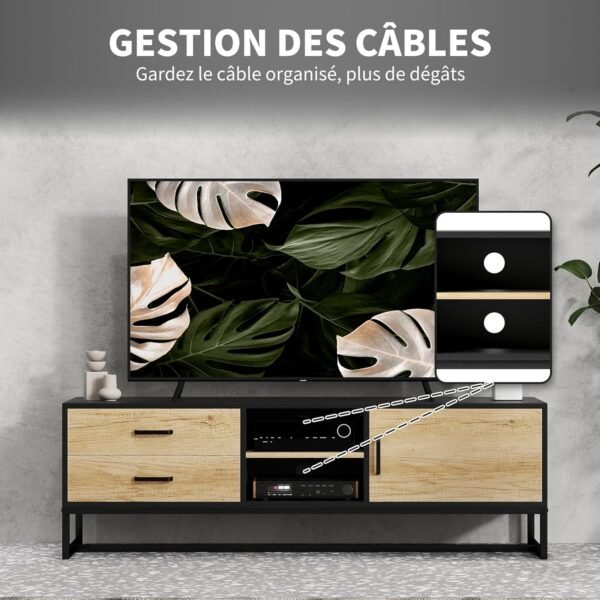 HOMCOM Meuble TV Meuble télé Bois Banc TV pour téléviseur jusqu'à 60 Pouces avec Placard, Compartiments Ouverts, 2 tiroirs, étagère réglable et Passe-câbles pour Salon Chambre à Coucher, Bois Naturel – Image 5
