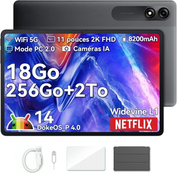 Blackview Tab9WiFi Tablette 11 Pouces 2K FHD+, 18Go + 256Go (TF 2To), Octa Core Tablette Gaming, Android 14, Gemini AI, Tablette Tactile avec Widevine L1, 8200mAh, GMS, Bluetooth 5.0, Face ID
