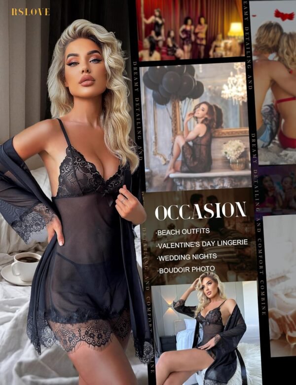 RSLOVE Nuisette Sexy Femme Robe de Nuit Lingerie Babydoll avec G-String Ensemble Lingerie Dentelle Feminin 3 Pièces – Image 4