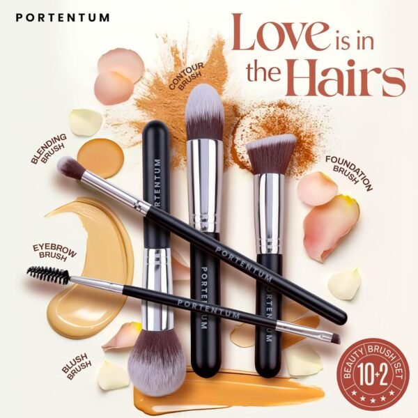 PORTENTUM Pinceaux Maquillages Professionnel (10+2pcs), Pinceau Maquillage Pour Fond de Teint Blush L'anti-cernes Fard à Paupières Poudre Libre, Avec Blender Eponge – Image 3