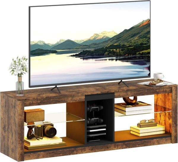 HOMCOM Meuble TV avec lumières LED et télécommande, Meuble télé Bois Banc TV pour téléviseur jusqu'à 65 Pouces avec étagères et Compartiments Ouvert, pour Salon Chambre à Coucher, 140x35x47cm, Marron