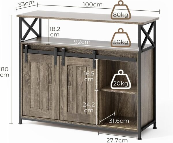 Blishom Buffet de Cuisine avec 2 Portes Coulissantes - Armoire de Rangement avec Étagères Réglables, 100 x 33 x 80 cm, pour Salon, Cuisine et Couloir, Gris – Image 2