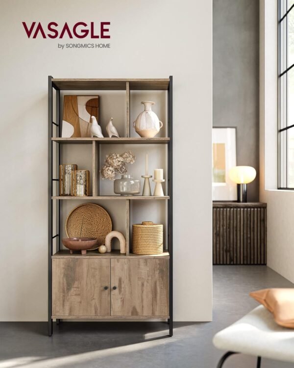 VASAGLE Étagère, Bibliothèque à 4 Niveaux, Meuble de Rangement, Placad, avec Portes, Grand, Cadre en Acier, pour Salon, Bureau, Chambre, Style Industriel, Marron Camel et Noir d'encre LBC022B50 – Image 2