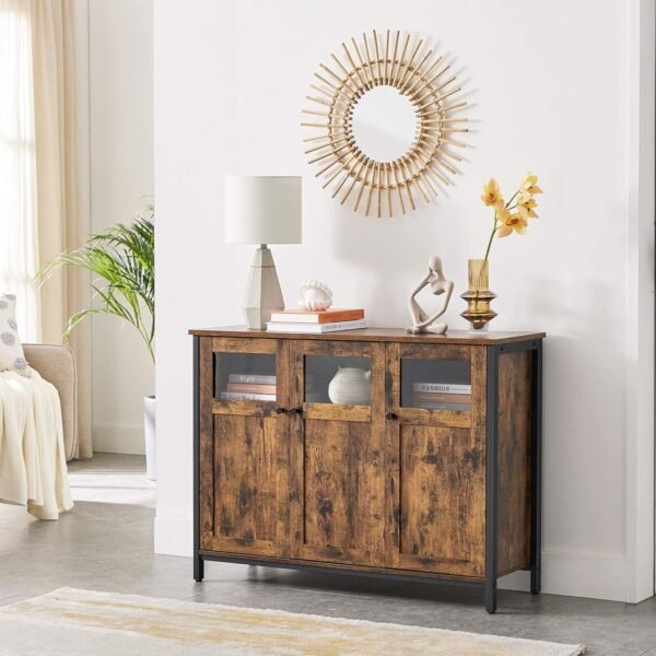 VASAGLE Meuble de Rangement, Buffet, avec Placard 3 Portes, pour Salle à Manger, Salon, Cuisine, entrée, Cadre en Acier, Style Industriel, Marron Rustique et Noir d'encre LSC099B01 – Image 6