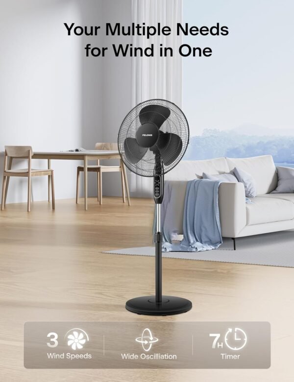 PELONIS Télécommande sur pied de 40,6 cm, ventilateur oscillant, minuterie de 7 heures, 3 vitesses et hauteur réglable, PFS40A4BBB, moteur AC de 40,6 cm, noir – Image 2