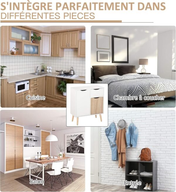 HOMCOM Buffet Meuble de Rangement Design scandinave 2 placards tiroir Coulissant Bois Blanc chêne Clair – Image 6