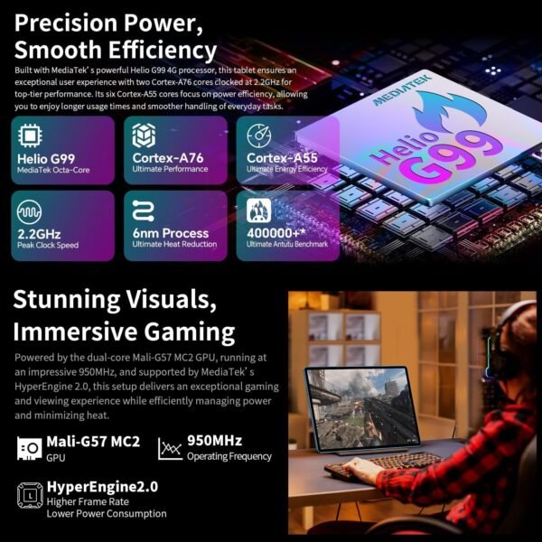 TECLAST T70 Tablette Tactile 14'' Pouces Top Gaming Android Tablet, MTK G99 Octa-Core 2.2GHz, 20Go RAM+256Go(8To TF), SIM 4G LTE + 5GWiFi, 10000mAh/18W, TDDI, GPS/GMS/13MP+8MP/Widevine L1/3.5MM [2025] – Image 3
