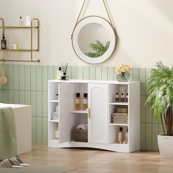 HEXCELEN Meuble de Salle de Bain, Meuble de Rangement, Placard Rangement avec 2 Portes, Armoire de Salle de Bain, Étagères Réglables, Compartiment Ouvert, Armoire Basse, Salon, Blanc, 30 × 100 × 75 cm – Image 3