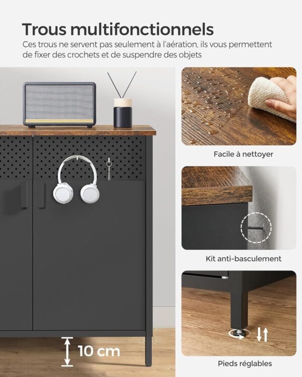 SONGMICS Meuble de Rangement, Buffet, en Métal, Double Porte, Fermeture Magnétique, Cadre en Acier, 40 x 80 x 76 cm, Marron Rustique et Noir LSC102B01 – Image 7