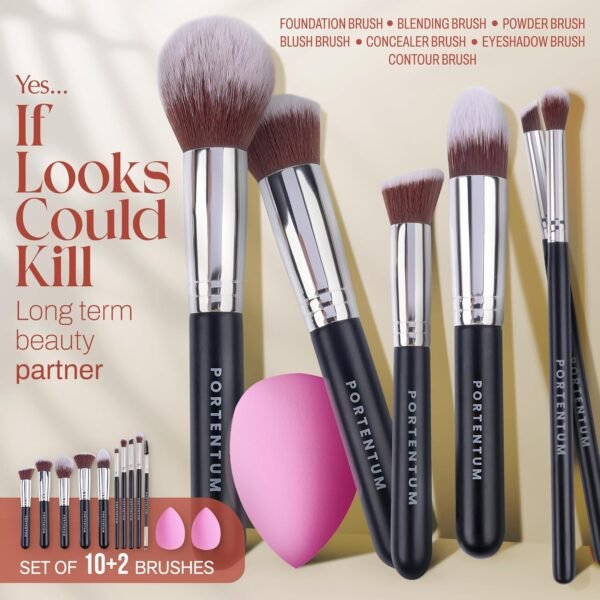PORTENTUM Pinceaux Maquillages Professionnel (10+2pcs), Pinceau Maquillage Pour Fond de Teint Blush L'anti-cernes Fard à Paupières Poudre Libre, Avec Blender Eponge – Image 7