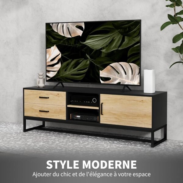 HOMCOM Meuble TV Meuble télé Bois Banc TV pour téléviseur jusqu'à 60 Pouces avec Placard, Compartiments Ouverts, 2 tiroirs, étagère réglable et Passe-câbles pour Salon Chambre à Coucher, Bois Naturel – Image 3