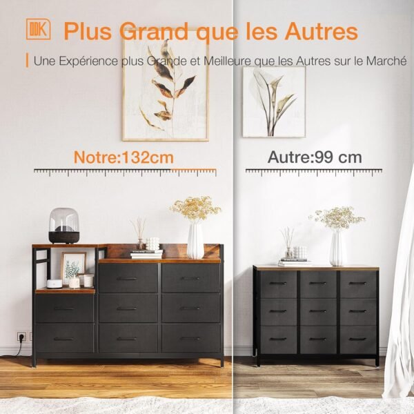 ODK Commode Chambre, 2 Ports USB et 2 Ports AC, Armoire à tiroirs multifonctionnelle pour Chambre et Salon - Buffet Stable et résistant, 132 * 30 * 88 cm, Vintage et Noir – Image 5