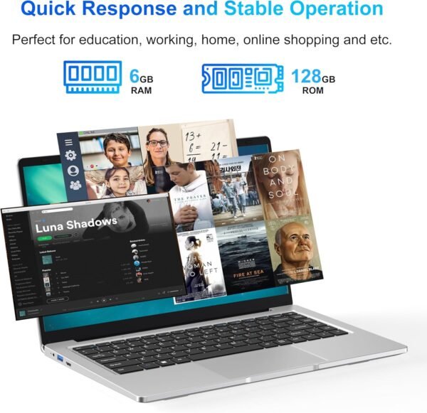 Ordinateur Portable 14,1" Pouces laptop, 6 Go de RAM, 128 Go de SSD, N4000 Celeron Dual-Core, Wi-Fi Bluetooth 2,4/5,0G, 1366 * 768 IPS, Design sans Ventilateur, Inclus une Souris, Clavier à Membrane. – Image 3