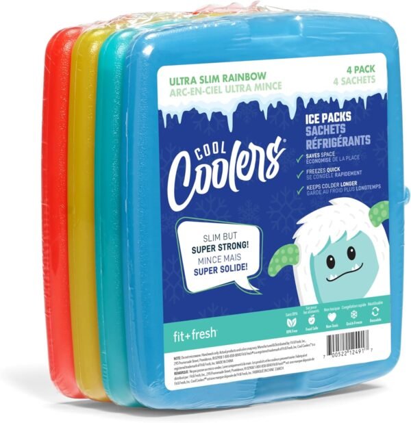 Fit & Fresh Cool Coolers Lot de 4 Blocs réfrigérants Fins réutilisables pour boîtes à déjeuner, Sacs à déjeuner et glacières, Multicolore