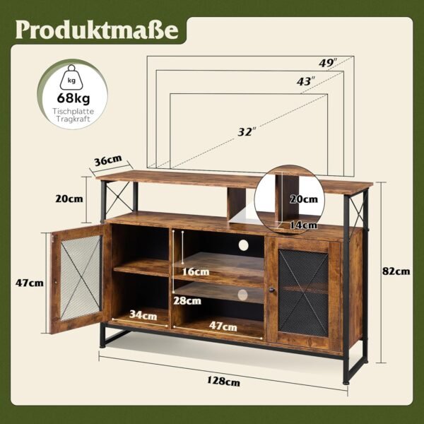 WLIVE Meuble TV Support pour Téléviseur Jusqu à 65 Pouces, Banc TV Meuble TV Haut avec Étagères Réglables, Meuble TV 128 cm Longueur Style Rustique Marron Rustique pour Salle à Manger, Chambre – Image 2