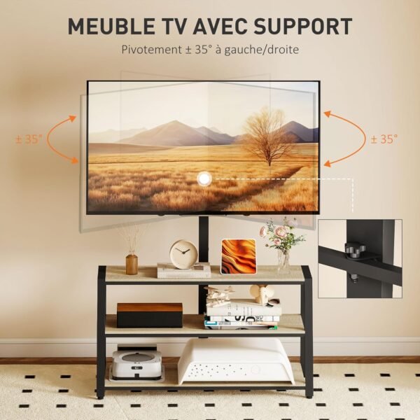 HOMCOM Meuble TV avec Support orientable 35°, Meuble télé pour téléviseurs de 32-70 Pouces, étagères Ouvertes, Banc TV Industriel pour Salon Chambre à Coucher, 108x41x135cm, Effet Bois Naturel – Image 3