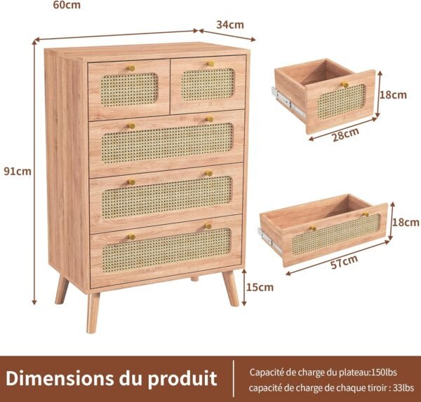 Commode 5 Tiroirs,Commode Rotin avec Pieds en Bois,Meuble a Tiroirs Rangement,60 x 34 x 91 cm,pour Chambre à Coucher,Salon – Image 2