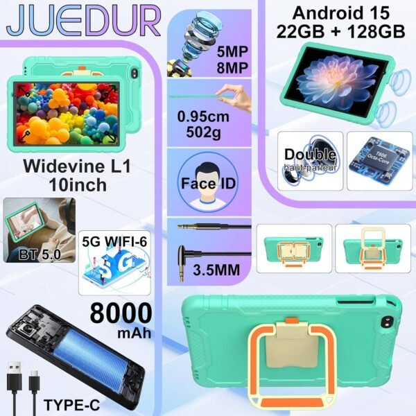 JUEDUR Android 15 Tablette Enfants 10 Pouces, 22Go RAM+128Go ROM(TF 1To), Octa-Core, 8000mAH, WiFi 6, 5+8MP, Contrôle Parental, avec EVA Étui de Protection Antichoc, 360° Rolatif Support (Vert Clair) – Image 2