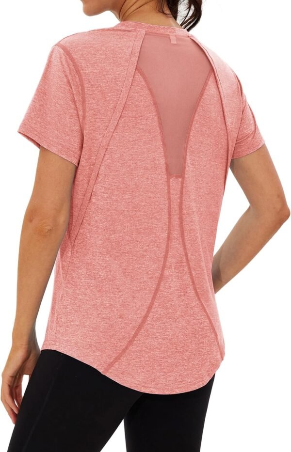 Wayleb T-Shirt de Sport Femme Léger Manches Courtes Col Rond Dos en Maille Séchage Rapide Haut pour Yoga Running Fitness et Pilates – Image 3