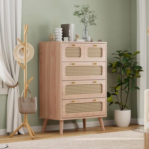 Commode 5 Tiroirs,Commode Rotin avec Pieds en Bois,Meuble a Tiroirs Rangement,60 x 34 x 91 cm,pour Chambre à Coucher,Salon – Image 9
