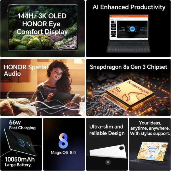 HONOR MAGICPAD 2 WiFi Tablette, 12Go 256Go Tablet, 12.3 Pouces 144Hz 3K OLED, Snapdragon 8s Gen 3, 8 Haut parleurs, 10050mAh Battery, Android 14, Google Service, Blanc – Image 2