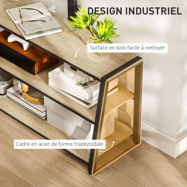 HOMCOM Meuble TV avec Support orientable 35°, Meuble télé pour téléviseurs de 32-70 Pouces, étagères Ouvertes, Banc TV Industriel pour Salon Chambre à Coucher, 108x41x135cm, Effet Bois Naturel – Image 5