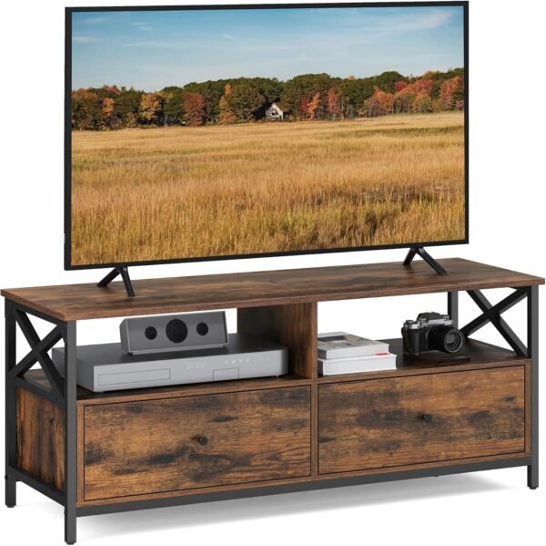 VASAGLE Meuble TV, Meuble TV pour TV 55 Pouces, Salon, avec 2 tiroirs, 2 étagères de Rangement, 120 x 40 x 50 cm, Cadre en Acier, Style Industriel, Marron Rustique et Noir LTV300B01