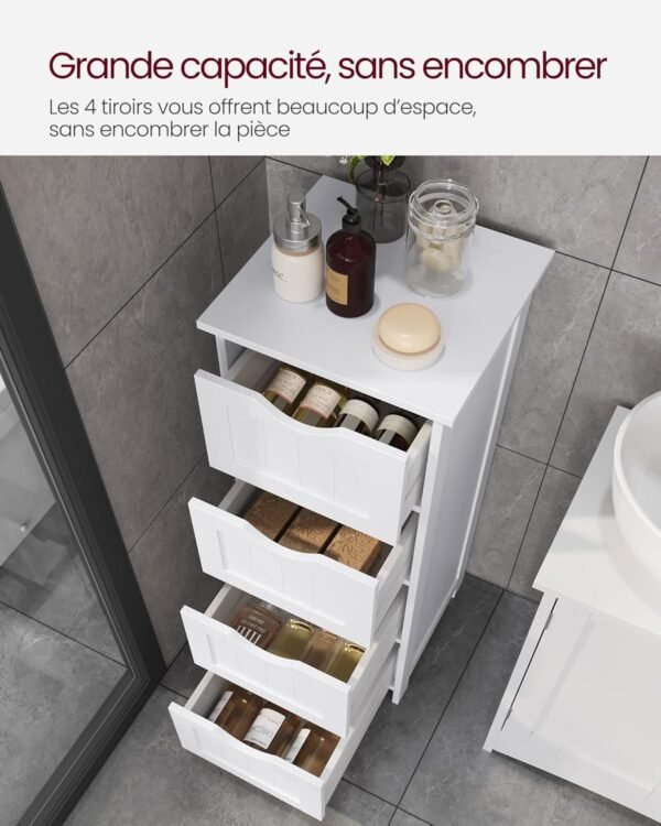 VASAGLE Meuble de Salle de Bain, Meuble de Rangement, Armoire sur Pied, avec 4 Tiroirs, 30 x 30 x 82 cm, pour Salle de Bain, Salon, Salle à Manger, Cuisine, Style Moderne, Blanc LHC40W – Image 4