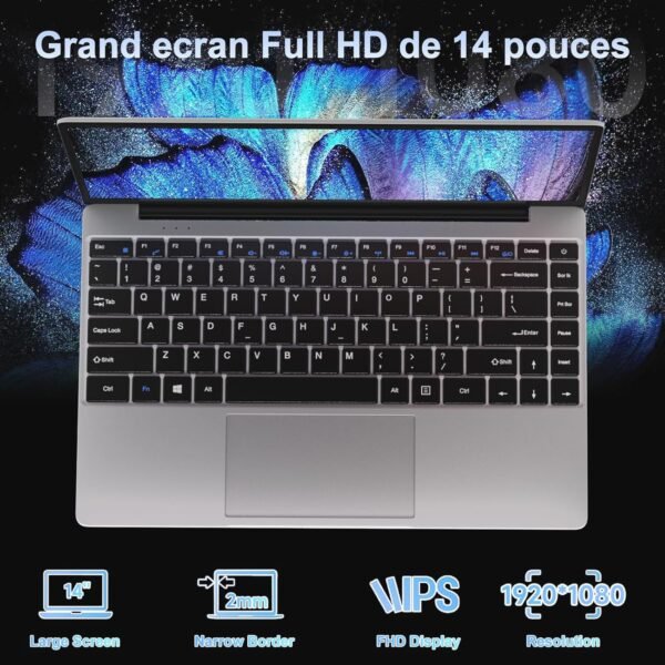 NOTODD Ordinateur Portable 14 Pouces Win11 Pro 6 Go RAM+256 Go Soutien Extension SSD 1TB(TF 1TB) 5000mAh PC Portable Celeron N4020 Laptop avec 1080P Mini HDMI Souris sans Fil & AZERTY Membrane-Argent – Image 6