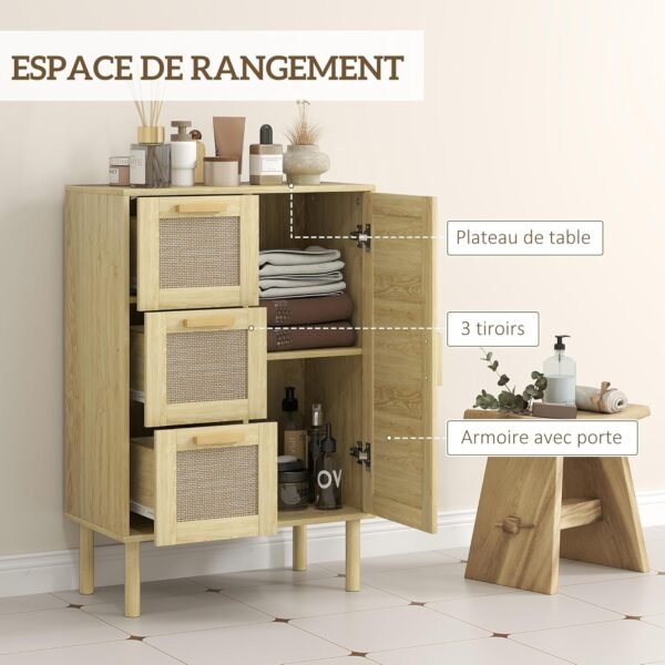 HOMCOM Meuble Salle de Bain, Meuble de Rangement avec tiroir, Placard, étagères réglables et Porte à rotin, Armoire pour Salle de Bain Salon Cuisine, Style bohème, 55 x 30 x 82 cm, chêne – Image 5