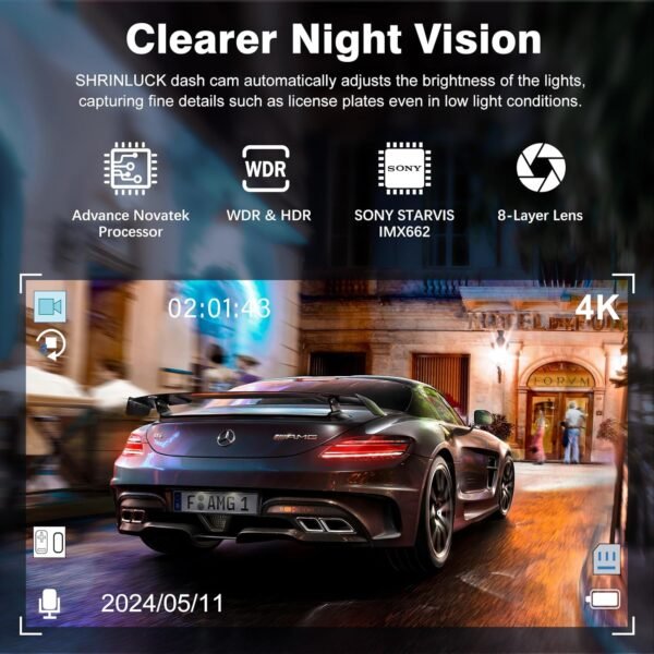 SHRINLUCK X5 4K WiFi Dashcam Voiture Avant Arrière Intérieur, Carte SD 64G, 2160P+1080P+1080P FHD 3 Canaux Dash Cam,Camera Voiture Triple 360° Tous Côtés,G-Capteur,WDR,Vision Nocturne,24H Mode Parking – Image 3