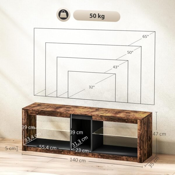 HOMCOM Meuble TV avec lumières LED et télécommande, Meuble télé Bois Banc TV pour téléviseur jusqu'à 65 Pouces avec étagères et Compartiments Ouvert, pour Salon Chambre à Coucher, 140x35x47cm, Marron – Image 7