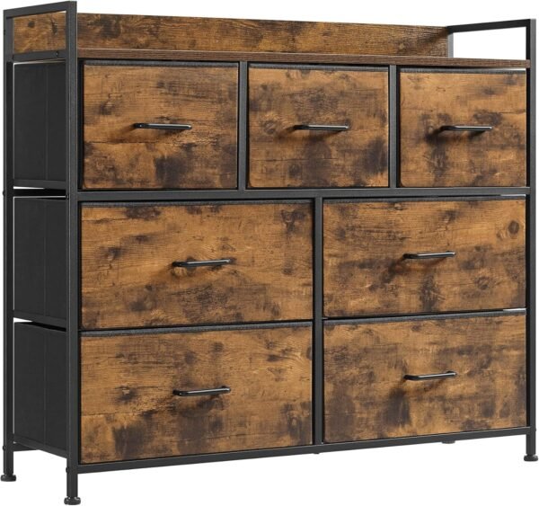 SONGMICS Commode, Armoire, Meuble de Rangement, 7 Tiroirs en Tissu avec Poignées, Cadre en Métal, Style Moderne, Marron Rustique et Noir d'Encre LTS137B01 – Image 9