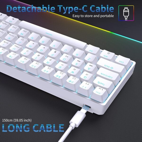 Dierya Clavier Gamer Mécanique 60% Câblé avec Interrupteur Marron,DK61se Clavier Gaming Rétroéclairage Bleu Glacier,Type-c Mechanical Keyboard Compact 61 Touches Anti-ghosting-US Layout,Blanc – Image 5