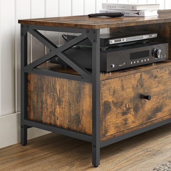 VASAGLE Meuble TV, Meuble TV pour TV 55 Pouces, Salon, avec 2 tiroirs, 2 étagères de Rangement, 120 x 40 x 50 cm, Cadre en Acier, Style Industriel, Marron Rustique et Noir LTV300B01 – Image 7