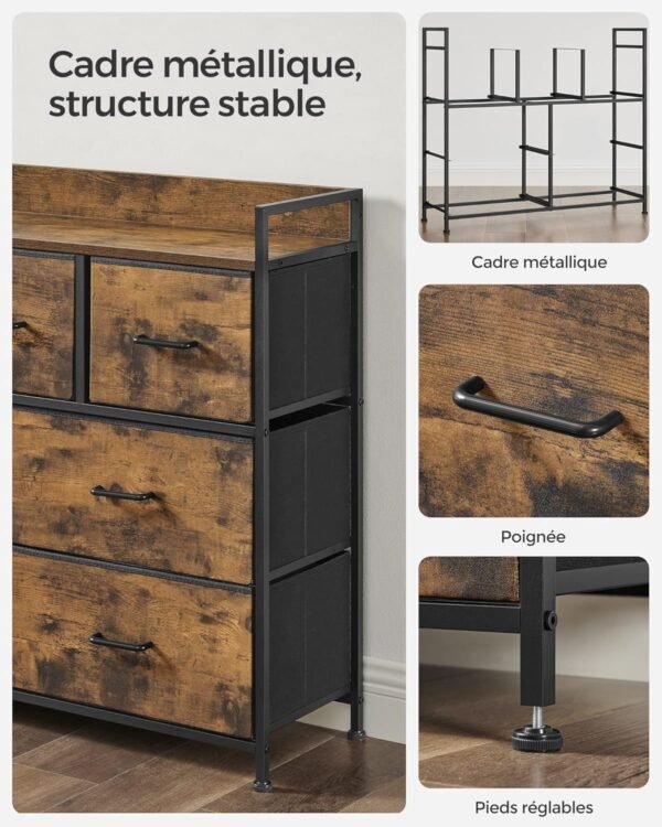 SONGMICS Commode, Armoire, Meuble de Rangement, 7 Tiroirs en Tissu avec Poignées, Cadre en Métal, Style Moderne, Marron Rustique et Noir d'Encre LTS137B01 – Image 7