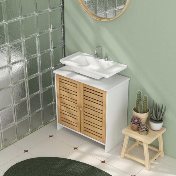 HOMCOM Meuble sous Vasque Meuble de Salle de Bain 2 Portes avec étagère réglable Armoire de Rangement pour lavabo 60 x 30 x 60 cm en Bambou Naturel et Blanc – Image 7