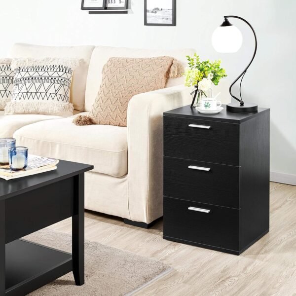Yaheetech Table de Chevet Noir, Table de Nuit en Bois, Chevet de Lit avec 3 Tiroirs 40 x 35 x 60 cm Meuble de Rangement pour ChambreSalon Bureau – Image 2