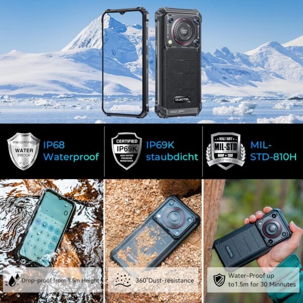 OUKITEL WP36 Téléphone Portable Incassable 2024-16Go+128Go/1TO, 10600mAh Android 14 Telephone Portable avec Haut-Parleur 128dB, 6.52" HD+, 13MP, Smartphone Antichoc Dual SIM 4G/NFC/OTG/Face ID-Noir – Image 6