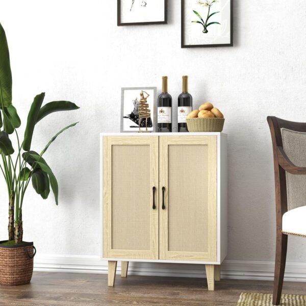 Panana Meuble de Rangement en Rotin et MDF, Buffets Haut Aspect sur Salon, Chambre, 69 x 38 x 88 cm (Blanc et Bois) – Image 5