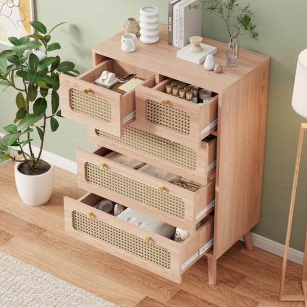 Commode 5 Tiroirs,Commode Rotin avec Pieds en Bois,Meuble a Tiroirs Rangement,60 x 34 x 91 cm,pour Chambre à Coucher,Salon