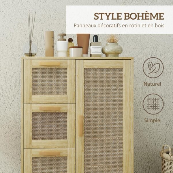HOMCOM Meuble Salle de Bain, Meuble de Rangement avec tiroir, Placard, étagères réglables et Porte à rotin, Armoire pour Salle de Bain Salon Cuisine, Style bohème, 55 x 30 x 82 cm, chêne – Image 4