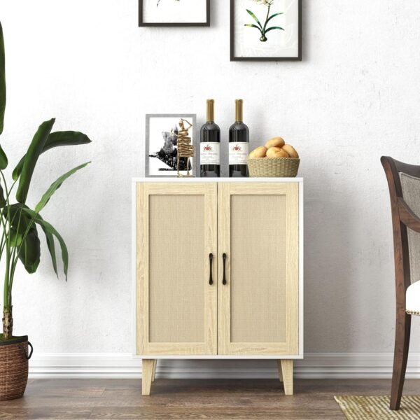 Panana Meuble de Rangement en Rotin et MDF, Buffets Haut Aspect sur Salon, Chambre, 69 x 38 x 88 cm (Blanc et Bois)