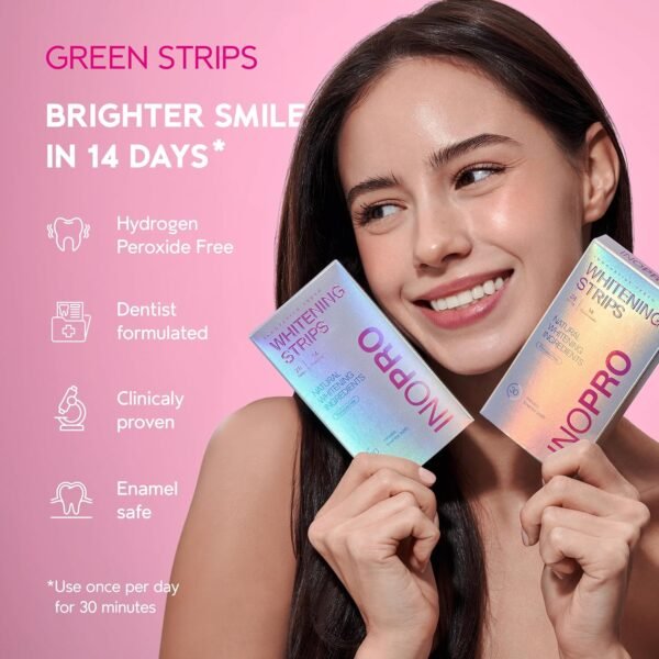 InoPro Green Teeth Whitening Strips - Peroxide Free Whitening Strips - Whitening Without The Harm - Deep Stains Removal - Sensitivity Free - 14 traitements, 28 Strips – Image 4