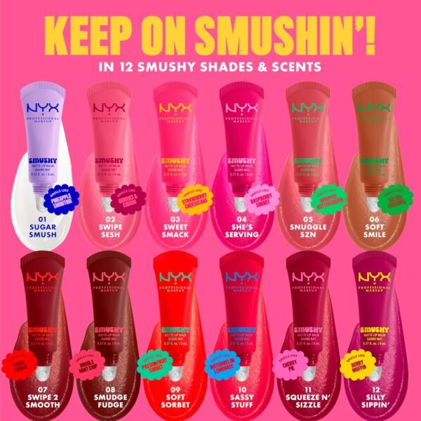 NYX Professional Makeup - Baume à Lèvres Teinté Mat Effet Floutant - Formule Enrichie en Poudre de Riz Mochi et Céramides Nourrissants - Teintes Parfumées - Smushy Lip Balm - Teinte : Swipe 2 Smooth – Image 8