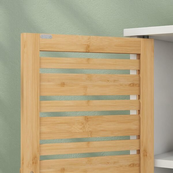 HOMCOM Meuble sous Vasque Meuble de Salle de Bain 2 Portes avec étagère réglable Armoire de Rangement pour lavabo 60 x 30 x 60 cm en Bambou Naturel et Blanc – Image 8