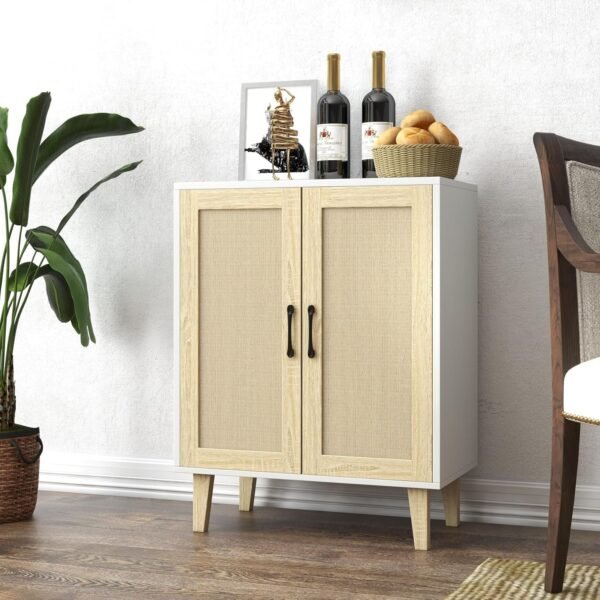 Panana Meuble de Rangement en Rotin et MDF, Buffets Haut Aspect sur Salon, Chambre, 69 x 38 x 88 cm (Blanc et Bois) – Image 3