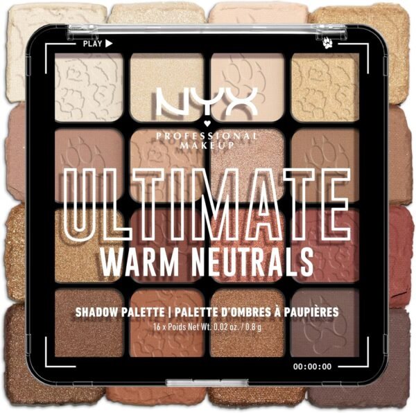 NYX Professional Makeup Palette de Fards à Paupières Ultimate Shadow, 16 couleurs, Finition Intense et Longue Durée, Formule Vegan Sans Ingrédients d'Origine Animale ou Dérivé, Warm Neutrals