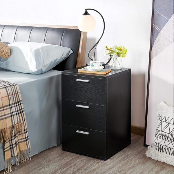 Yaheetech Table de Chevet Noir, Table de Nuit en Bois, Chevet de Lit avec 3 Tiroirs 40 x 35 x 60 cm Meuble de Rangement pour ChambreSalon Bureau – Image 4